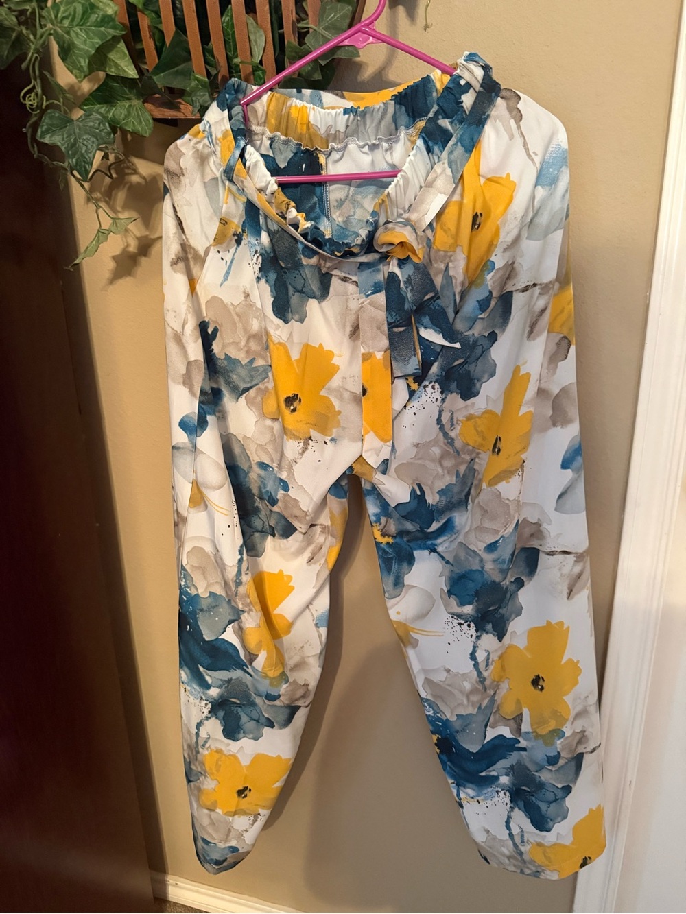 Floral Tie-Waist Wide-Leg Pants - Yellow & Blue